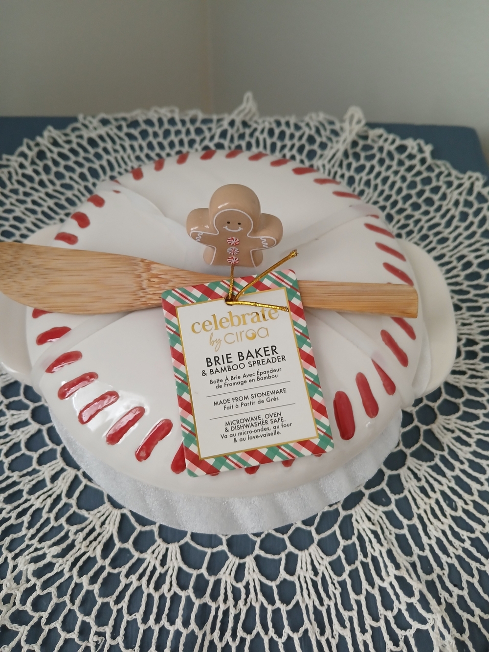Ciroa White & Red Festive Brie Baker with Bamboo Spreader